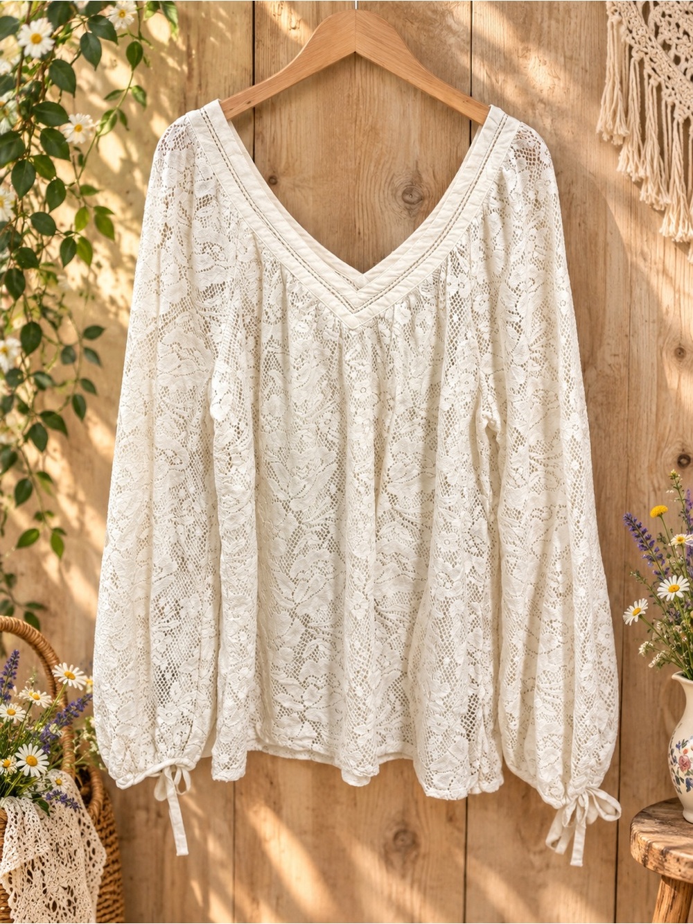 Hinge Ivory Floral Lace Peasant Blouse XL | Boho Festival Cottagecore